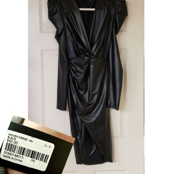 NWT VOILA Faux Leather Long Sleeve Rushed Front Wrap Mini Dress M - Picture 2 of 16